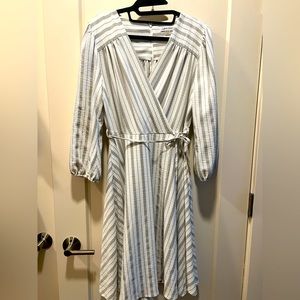 Calvin Klein Faux Wrap 3/4 Sleeved White and Gray Striped Dtess
